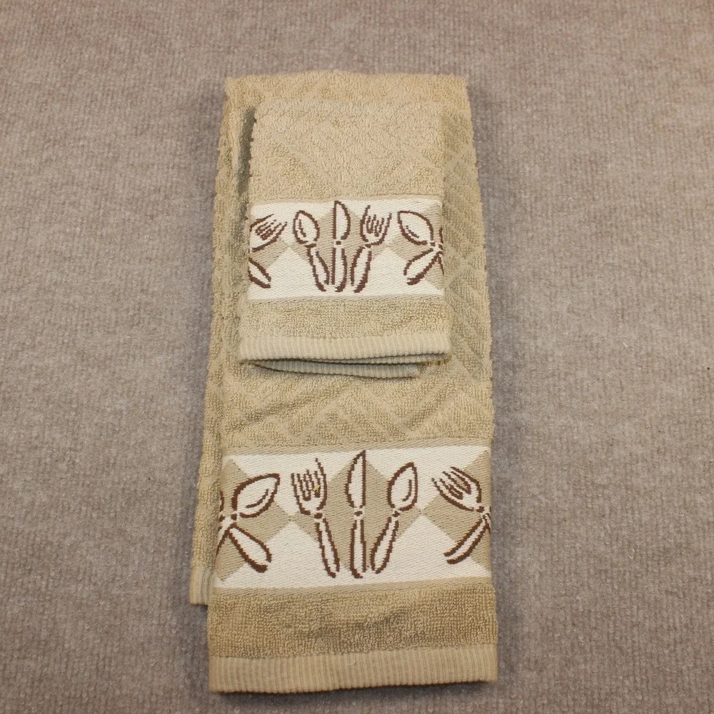 Tan Kitchen Towel Set Embroidered Cutlery Utensil Border Hand Towel Washcloth